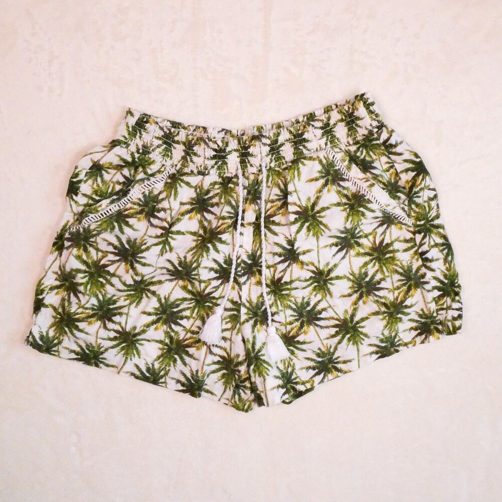 Briggs Palm Print Linen Shorts Drawstring Size L Smocked Waist